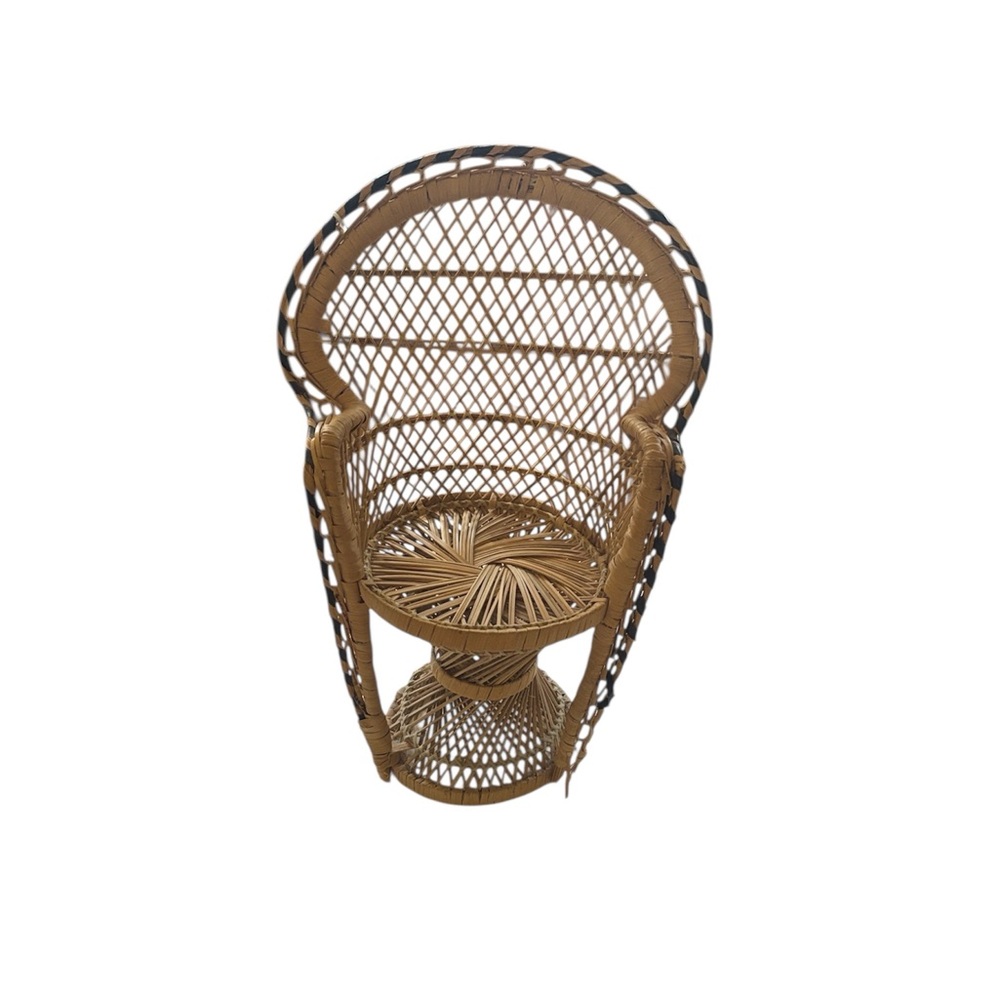 Tall Standing Wicker Chair Vintage Decor Glass Face White Dress Doll PEACOCK